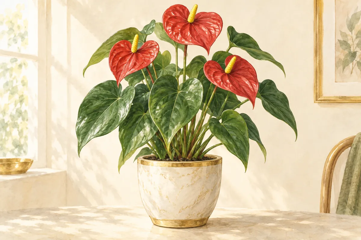Illustration d’un anthurium entier en pot crème, avec feuilles vertes et spathes rouges
