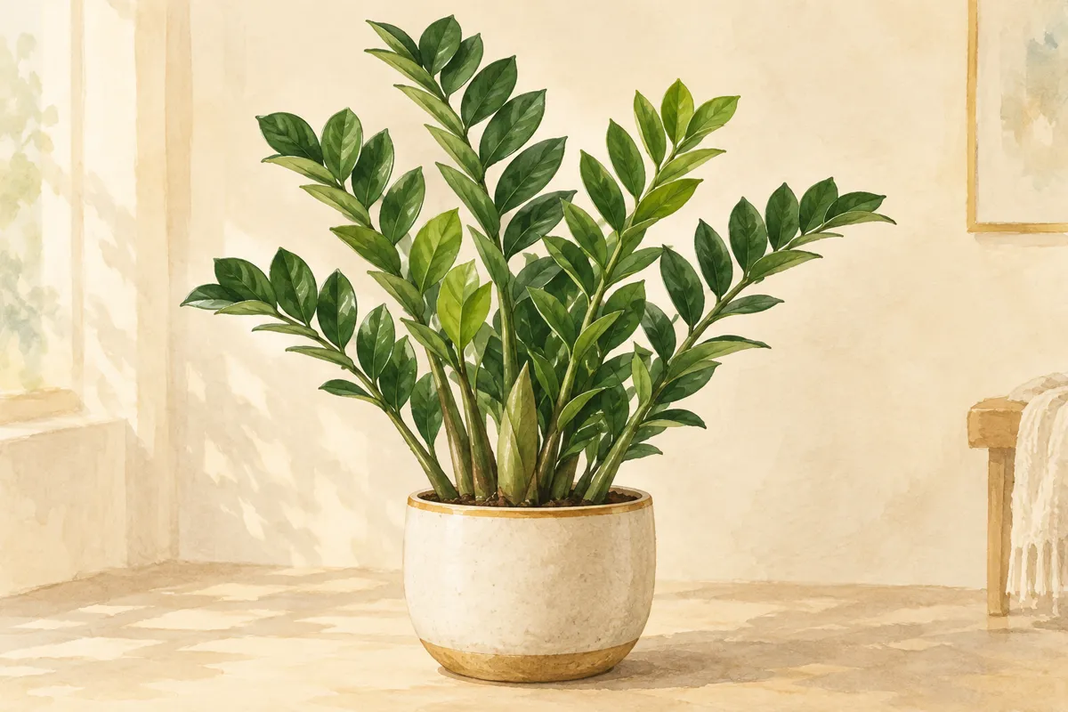 Illustration d’un zamioculcas entier en pot crème, avec grandes feuilles composées vertes